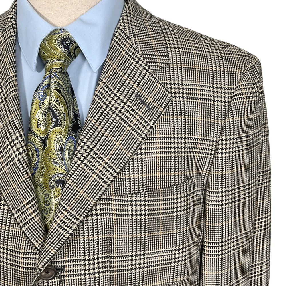 Hickey Freeman Blazer 40R Black Brown Houndstooth Plaid Canterbury Wool